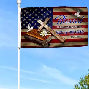 Jesus Cross Grommet Flag Blessed Is The Nation Whose God Is The Lord Flag Banner with Grommets 3x5Feet Man cave Decor