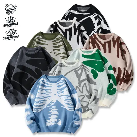 Unisex graffiti jacquard knit sweater, loose crew neck, autumn/winter top, American street-style casual base layer
