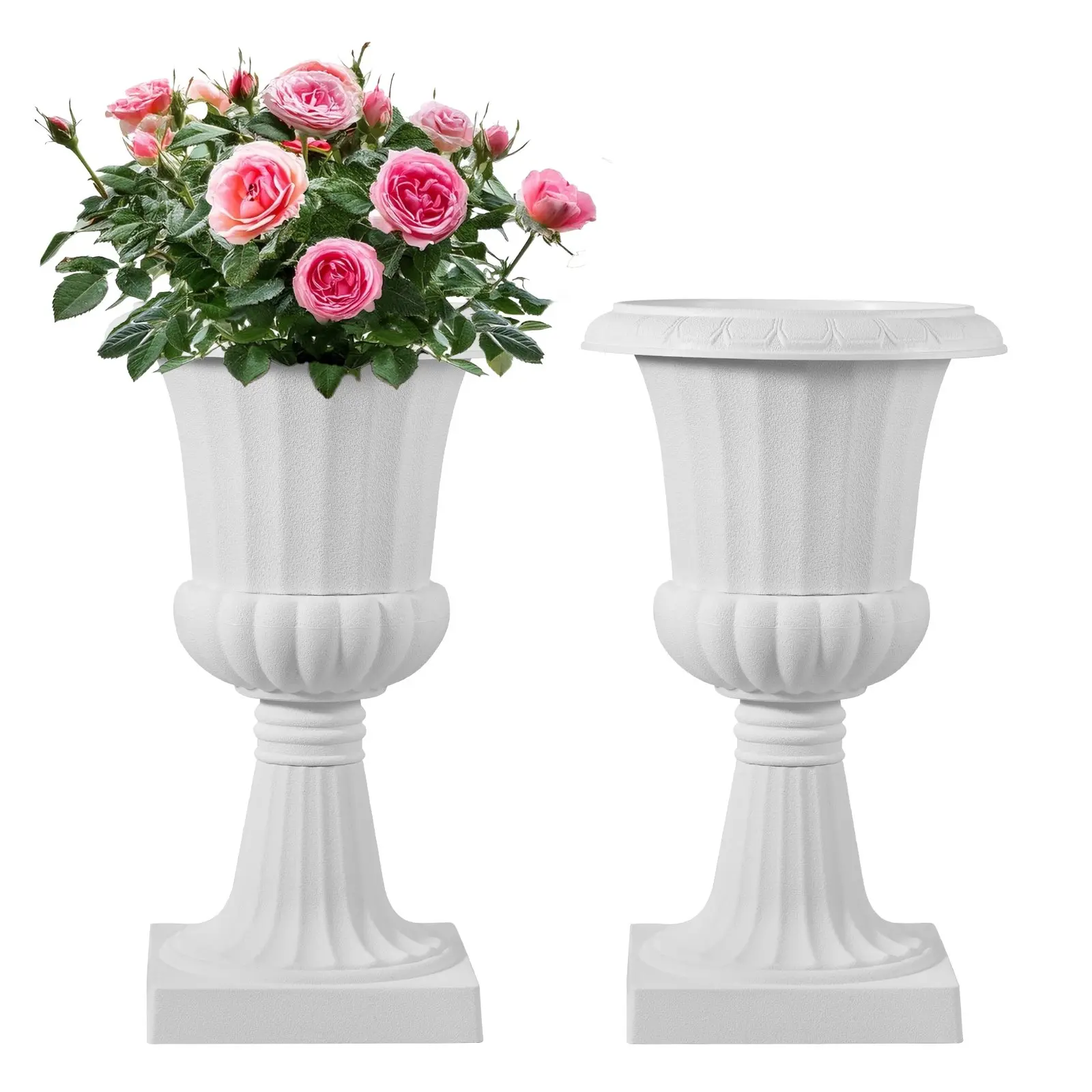 VEVOR Built-to-Last Plastic Urn Flower Pots & Planters, 2-Pack White Classic 9.8x16.5in Front Porch Planters with Breathable Drain Holes, Boosts Plant Health, Indoor-Outdoor Use for Wedding, Party, Stage Outdoor Decor