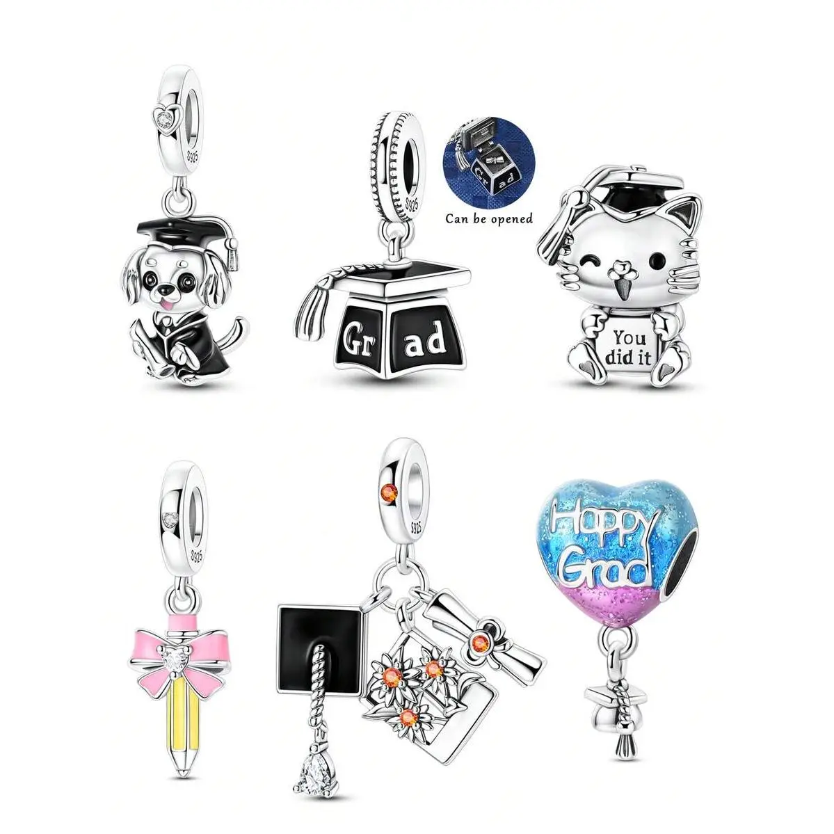 1pc Silver Plated Graduation Charms, Grad Cap Animal Bracelet Beads For Women Silver Jewelry, Summer Accessories, Graduation Gift