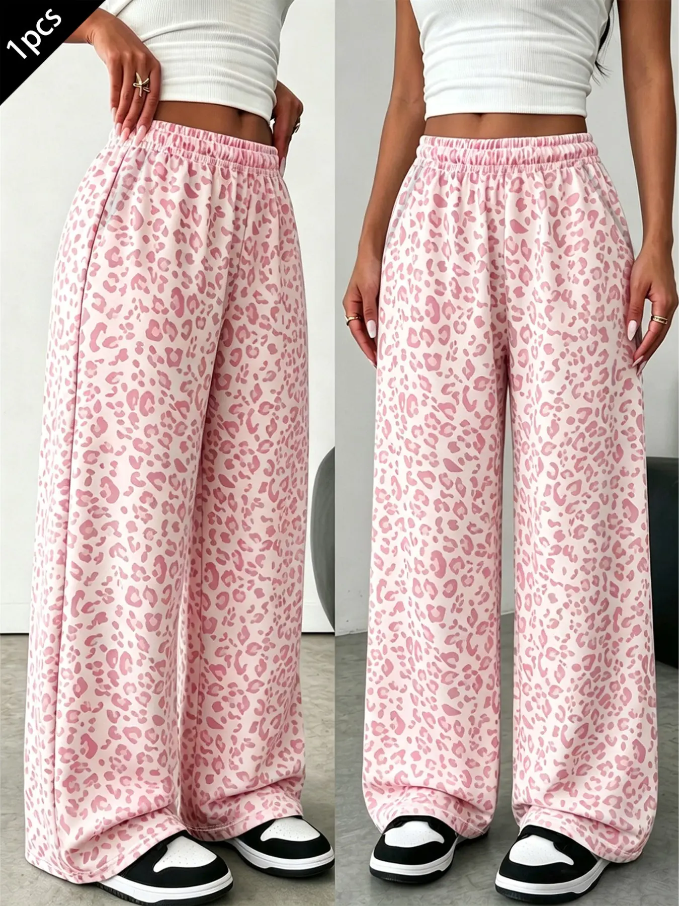 Women's Grey Leopard Print Elastic High Waist Wide Leg Lounge Pants | Soft Stretch Breathable Knit Fabric | Comfy Relaxed Fit Casual Streetwear Bottoms for Women