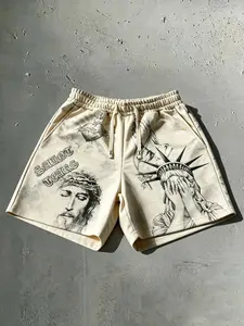 Men's and Women's Unisex Printed Shorts with Statue of Liberty Design, Sketch Angel Pattern, Sporty Shorts for Women, American Retro Vintage Flannel Style Summer Shorts, Loose Comfort, Creating a Lazy Streetwear Look in Y2K Cream Color