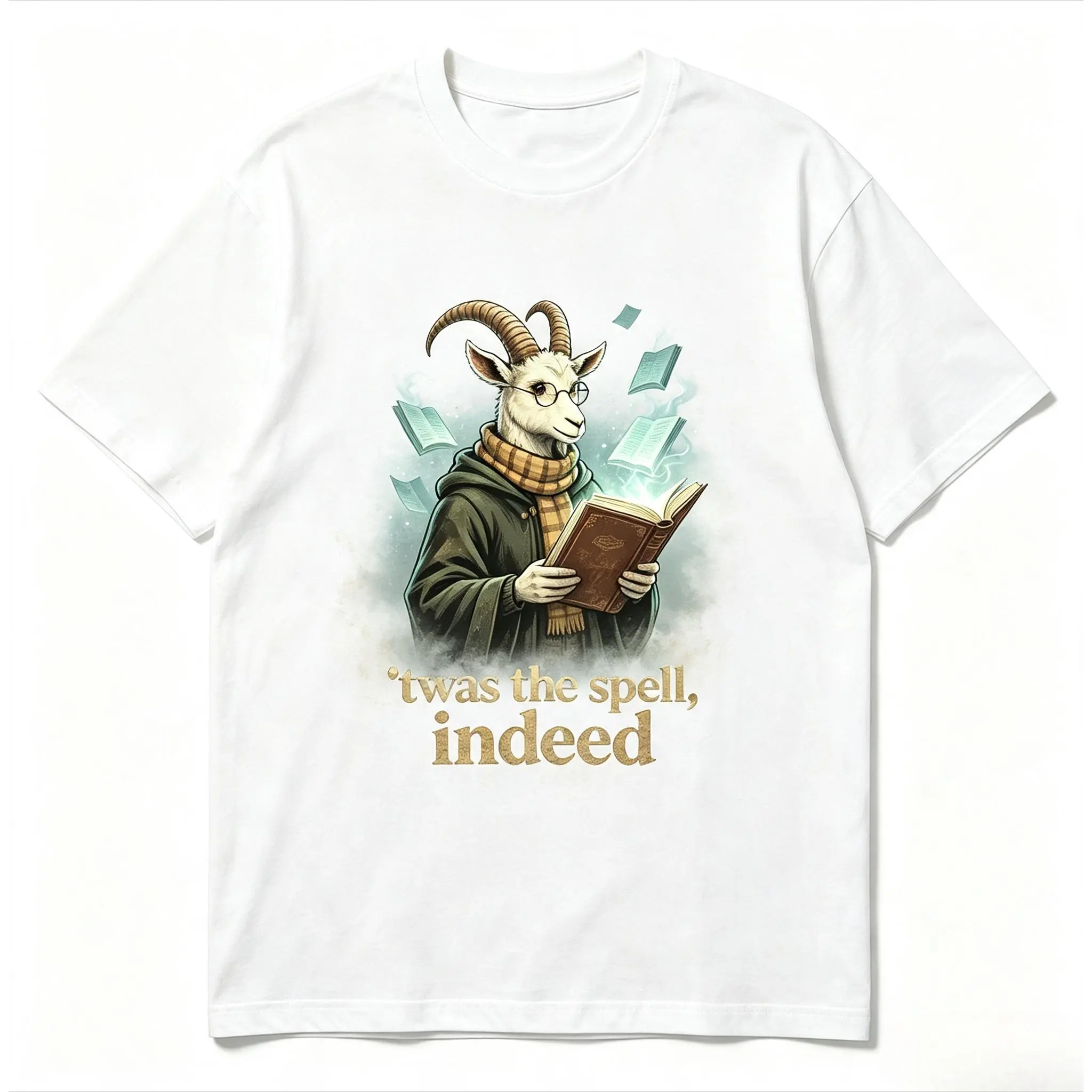 Unisex Oversized Comfort Cotton Short Sleeve T‑Shirt, Cute Wizard Goat Magic Book "'twas the spell, indeed" Graphic Print, Fashion Casual Outfit Tee, Best Valentine's Day Holiday Gift For Him Her, Gift For Family And Friends