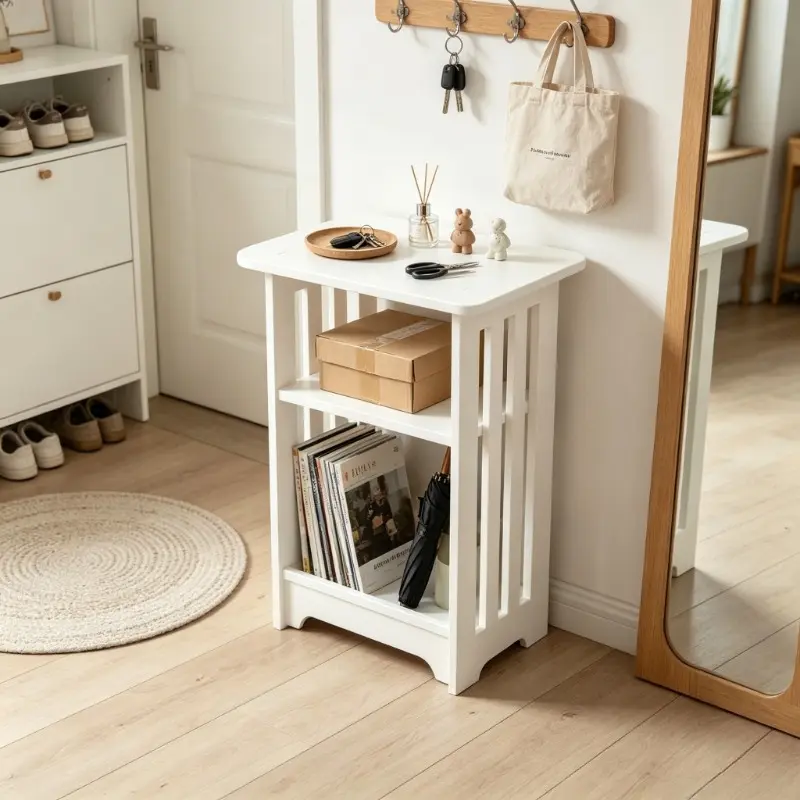 Three-tier narrow storage table, placed by the bedside for items, anti-collision rounded corners, ventilated hollow strip design, suitable for bedroom, living room, small apartments, waterproof wood-plastic, modern minimalist, sofa decoration