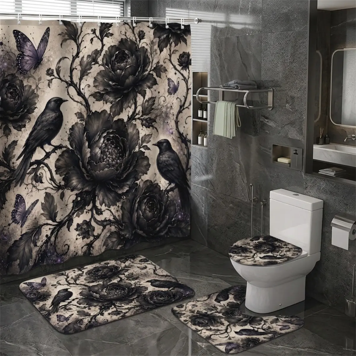 Gothic Bathroom Decor Set, 4pcs Roses Ravens Butterflies, Vintage Parchment Aesthetic, Halloween Spooky Bathroom Makeover, Bathroom Shower Curtain Sets