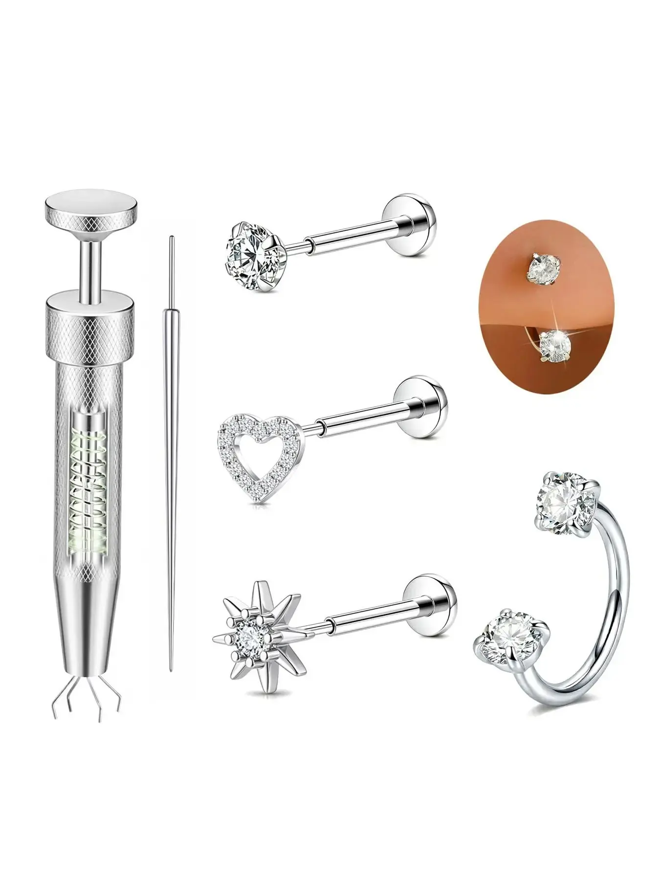 20g Horseshoe Nose Rings, Threadless Flat Back Push in Nose Stud , Cartilage Earrings Helix Tragus Nose Piercing Jewelry Hypoallergenic Stainless Steel Nose Rings Studs for Women Men