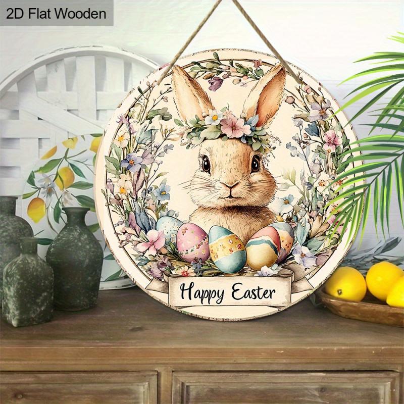 1PC Retro Easter Decoration - Floral Bunny and Pastel Egg Hanging Ornament - Happy Easter Sign - Large Size 7.87inch / 20cm Home, Party, Cafe Wall Decoration - No Electricity Required - Pastel Color Tone - Easter Gift Idea, Bunny Decoration