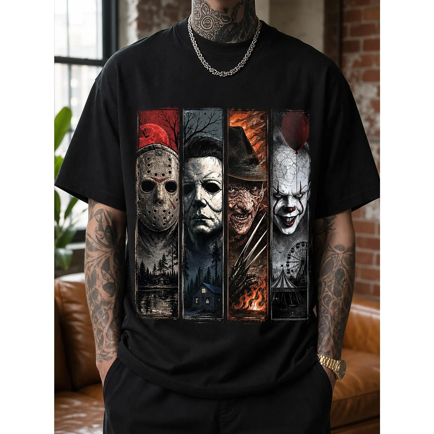 Men's Gothic Skull Portrait Graphic T-Shirt  Heavyweight Short Sleeve Tee with Jason Voorhees, Freddy Krueger and Pennywise Heat Transfer Print - Edgy Streetwear for Horror Fans, Fashion