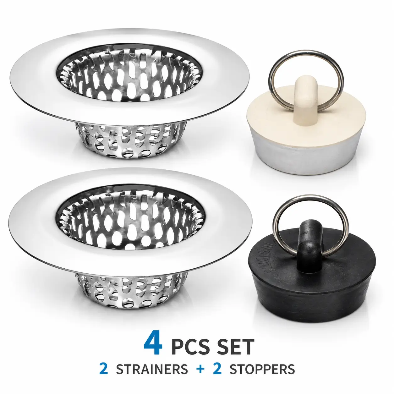 4-Piece Bathroom Sink Strainer & Stopper Plug Set - 2.125"x1" Size, Stainless Steel Basket Mesh, Rubber Plug for Standard Bathroom/RV Sink Drainage, Standard Fit (Use Separately)