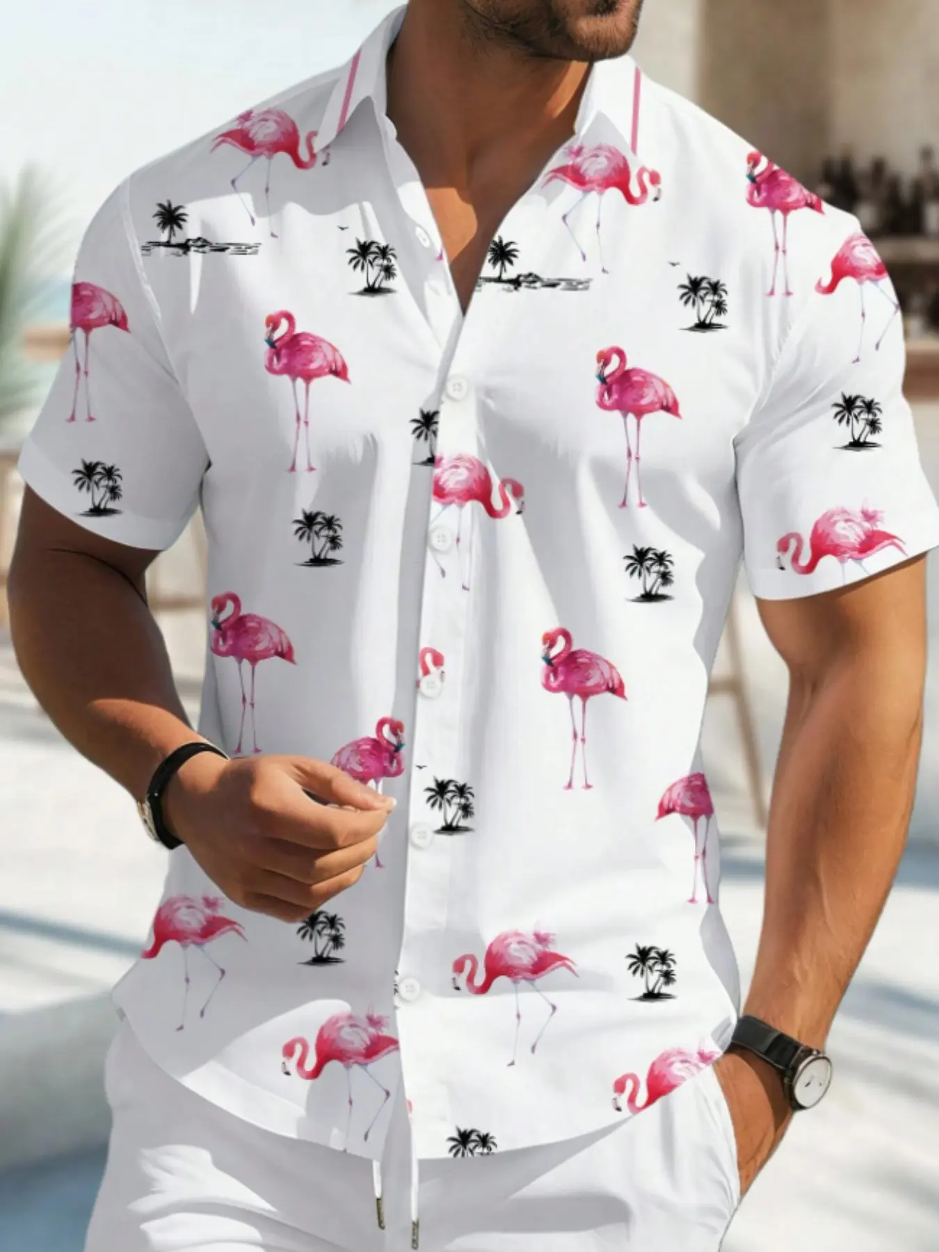 Men's Hawaiian Tropical flamingo print shirt, casual summer vacation style, versatile and suitable for everyone, men's casual shirt, ideal gift for boyfriends, husbands, and family, daily beach wear great item, daily versatile
