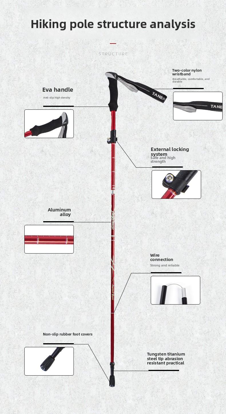 Aluminum alloy folding trekking pole, ultra-light and ultra-short, telescopic outdoor walking stick for hiking and climbing, 5-section walking pole