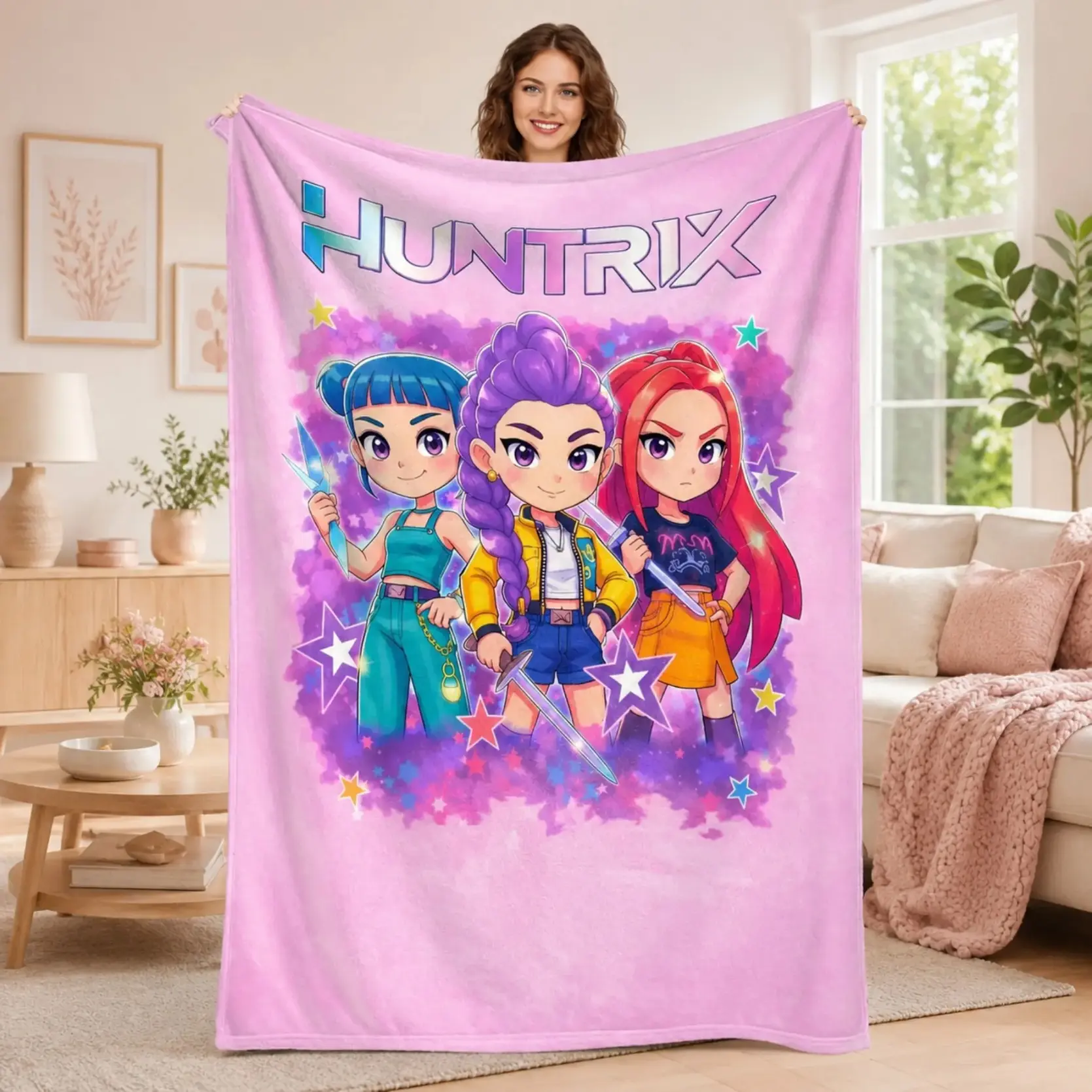 Huntrix Girl Squad Flannel Blanket Colorful Anime Art Print Star Sword Throw Soft Cozy Fleece Blanket Gamer Room Decor Bedding Dorm Essentials Birthday Gift Idea