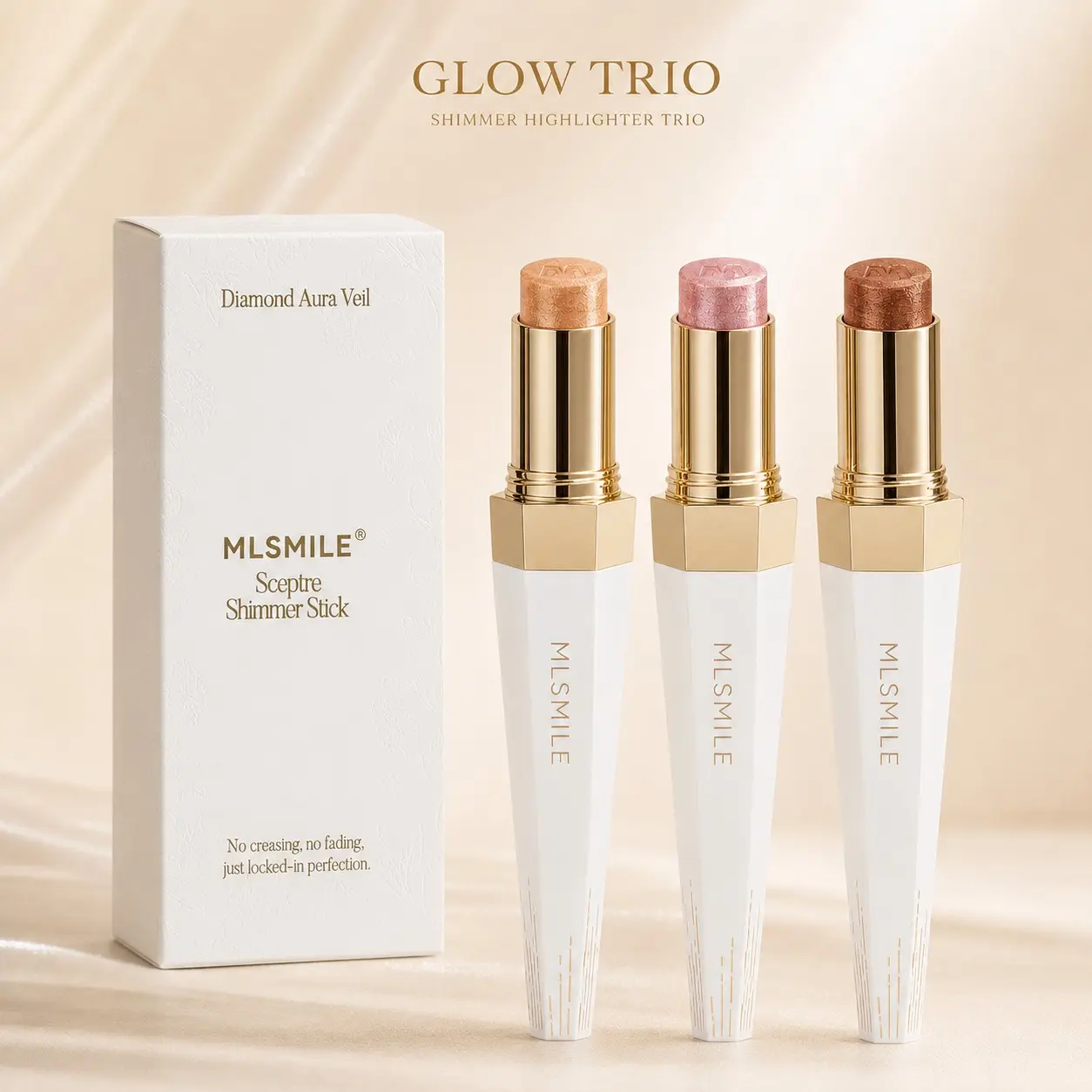 3pcs MLSMILE Sceptre Shimmer Stick Glow Trio, Champagne Rose Bronze Highlighter Sticks, Cream Shimmer Makeup for Face Cheekbone Nose Bridge