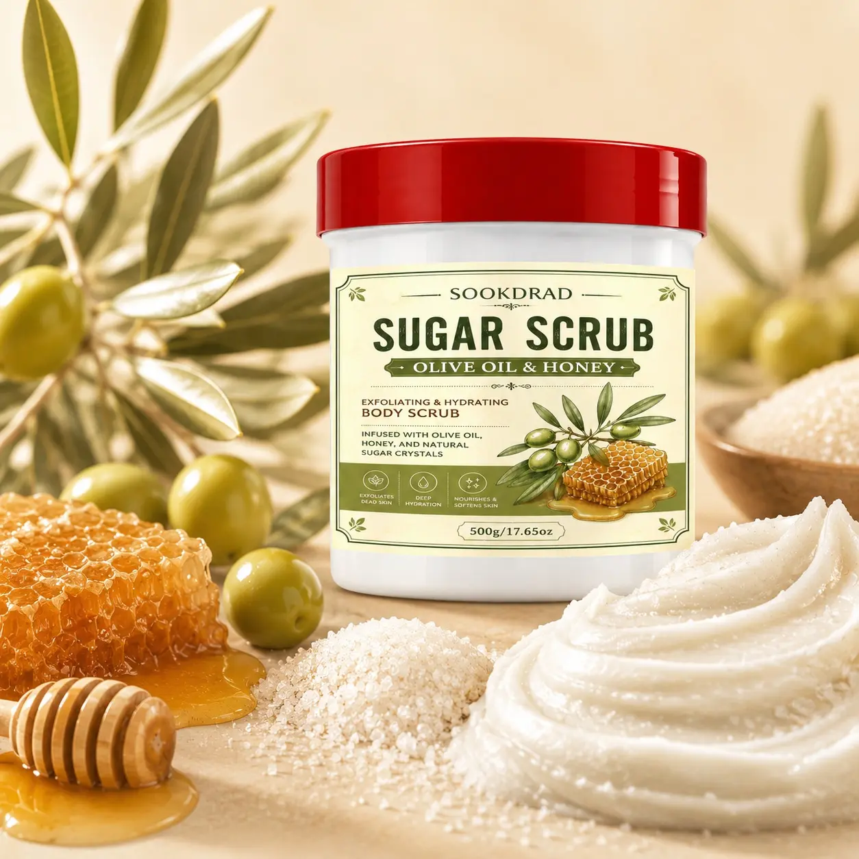 Sugar Scrub, Olive Oil & Honey, Body Exfoliator, Exfoliate Dead Skin, Deep Hydration, Nourish Soften Skin, All Skin Types, 500g/17.65oz