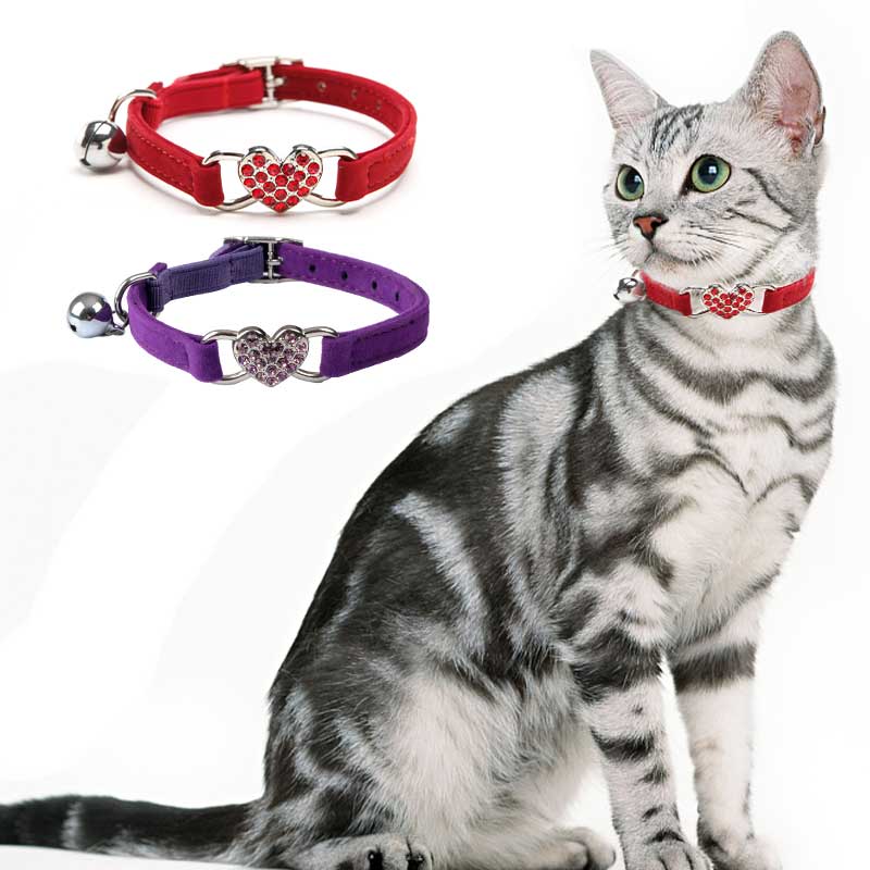 Adjustable Cat Collar with Bell, 2 Counts/set Cute Rhinestone Decor Heart Shaped Decoration Cat Collar, Pet Supplies for Indoor Outdoor Use