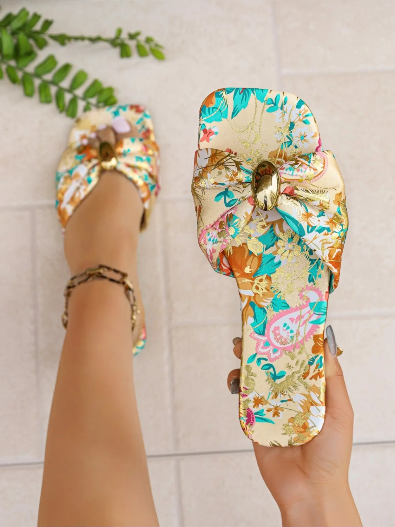 Vintage Floral Bow Slide Sandals Summer Beach Flat Slippers