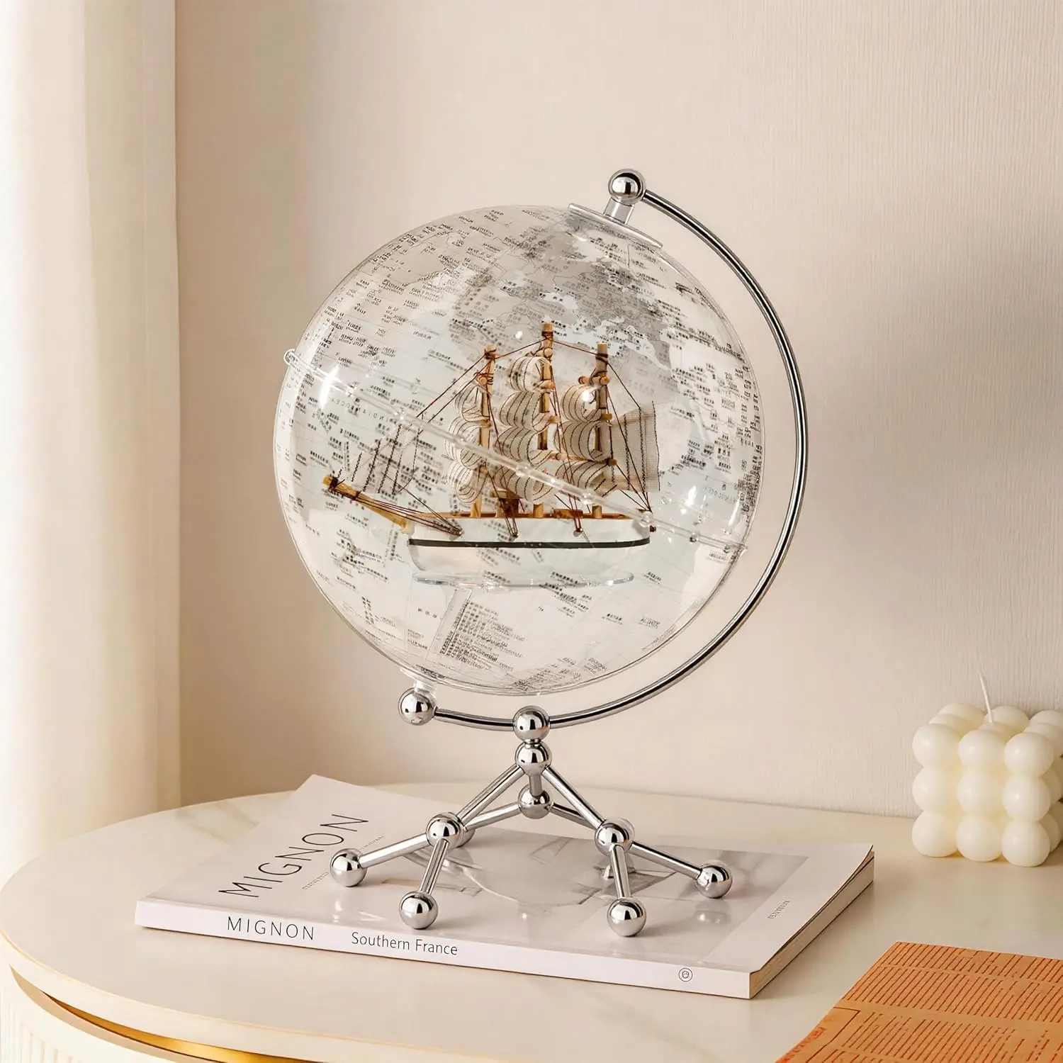 Aris & Juno  Illuminated World Globe with Sailboat, Bilingual English Chinese Map for Study Office, Transparent LED Desktop Globe Decor with Touch Control, Educational Learning Tool desk ornament toy home decorative staff warm