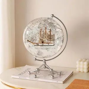 Aris & Juno  Illuminated World Globe with Sailboat, Bilingual English Chinese Map for Study Office, Transparent LED Desktop Globe Decor with Touch Control, Educational Learning Tool desk ornament toy home decorative staff warm