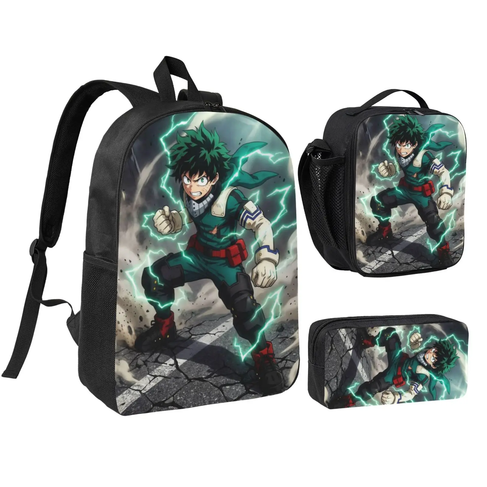 Unisex Anime Deku 3-Piece School Bag Set - Polyester Waterproof Backpack with Cute Character Art, Lunch Bag, Pencil Box for Teens, Adjustable Straps, Kids' Travel/Office Bookbag