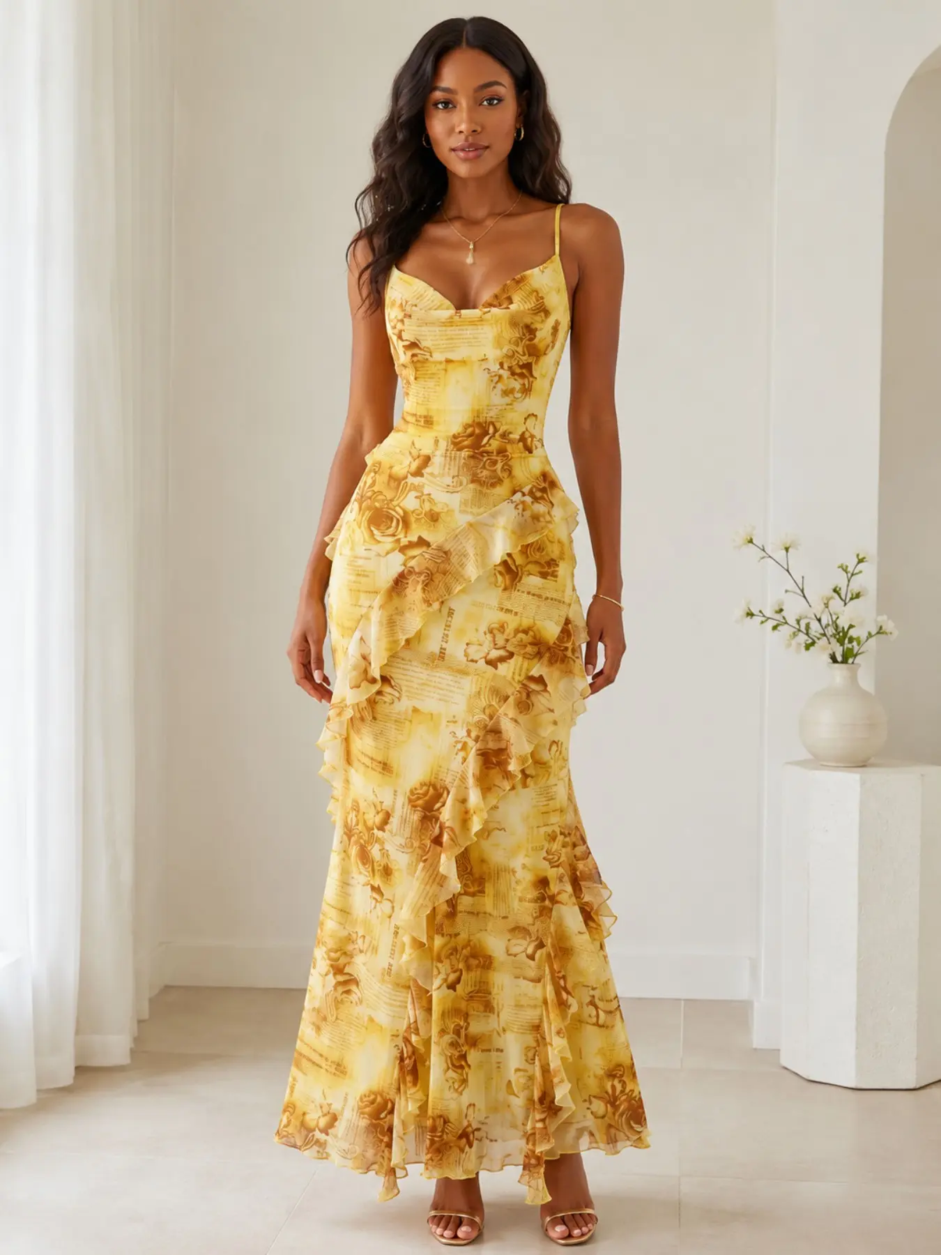 Viral 90S Retro Vintage Floral Print Chiffon Lightweight Maxi Dress - Ruffled Mermaid Hem, Cross Backless Spaghetti Strap, Slim Fit Bodycon Gown for Summer Vacation, Beach Party & Wedding Guest