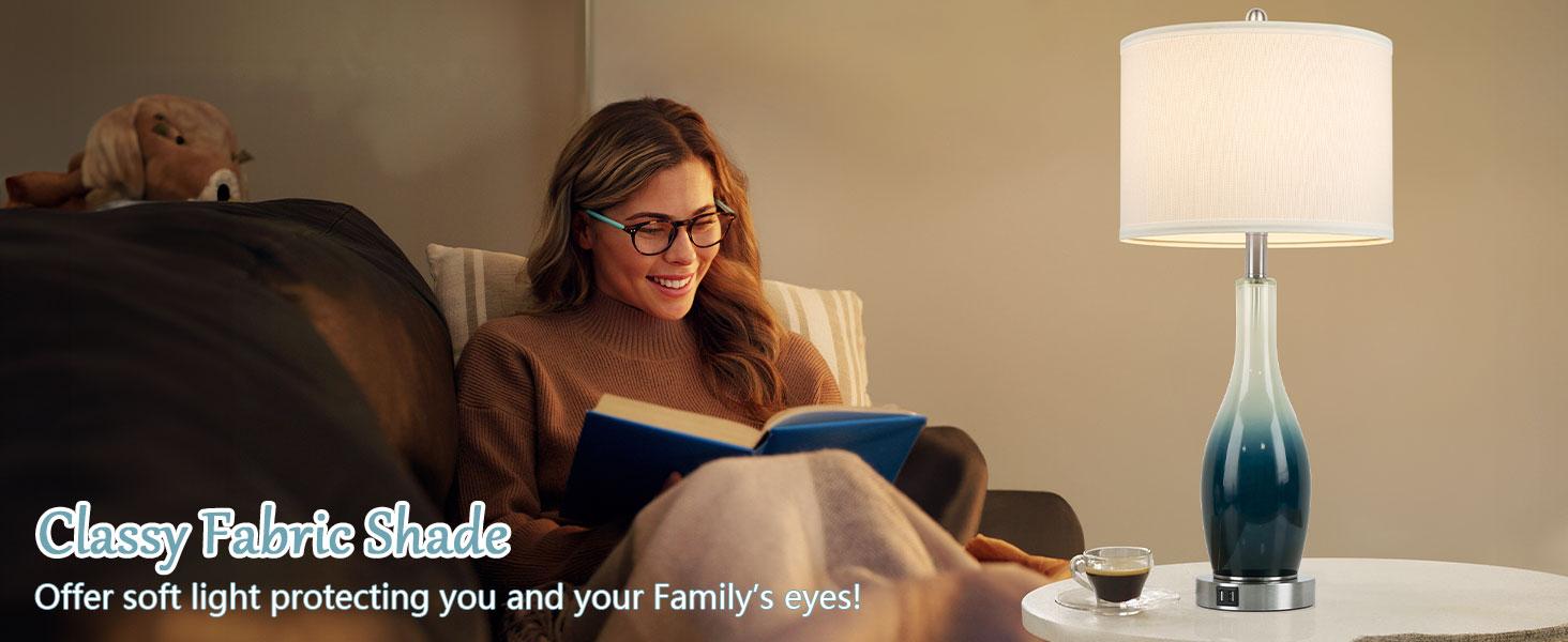 26in Tall Glass Table Lamps Set of 2 with 2 USB Charging Ports & LED Nightlight, Large Coastal Table Lamps for Living Room End Table, Modern Beach Lamps for Bedroom Bedside Nightstand