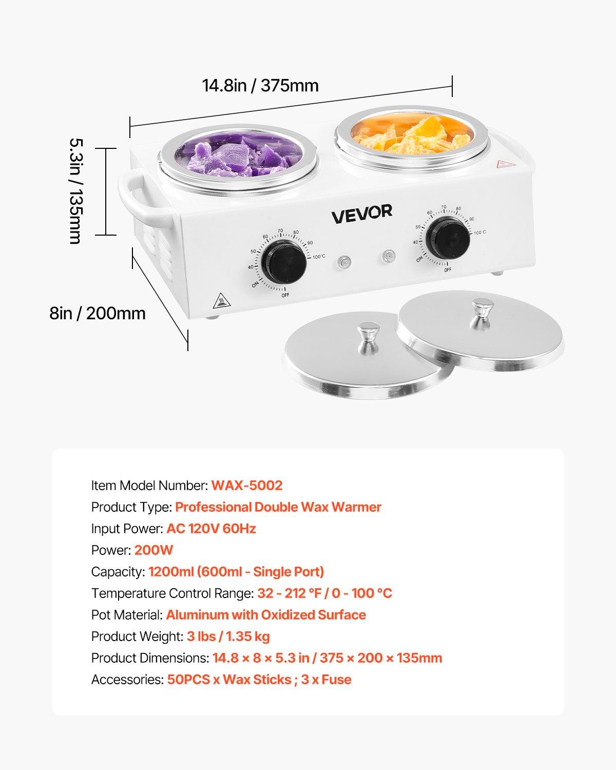 VEVOR Double Wax Warmer, 1200ML Professional Dual Wax Warmer for Hair Removal, 32 ℉   - 212 ℉   Adjustable Electric Waxing Heater Pot with 50PCS Waxing Sticks for Home Use, Beauty Salon, Spa