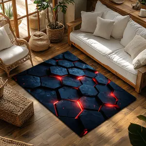 Dark Blue Hexagon Red Glow Crack Crystal Velvet Technology Style Living Room Anti Slip Area Rug #TechGlowHexagonRug #NeonCrackFloorMat #CrystalVelvetCarpet #CyberIndustrialStyleHomeRug