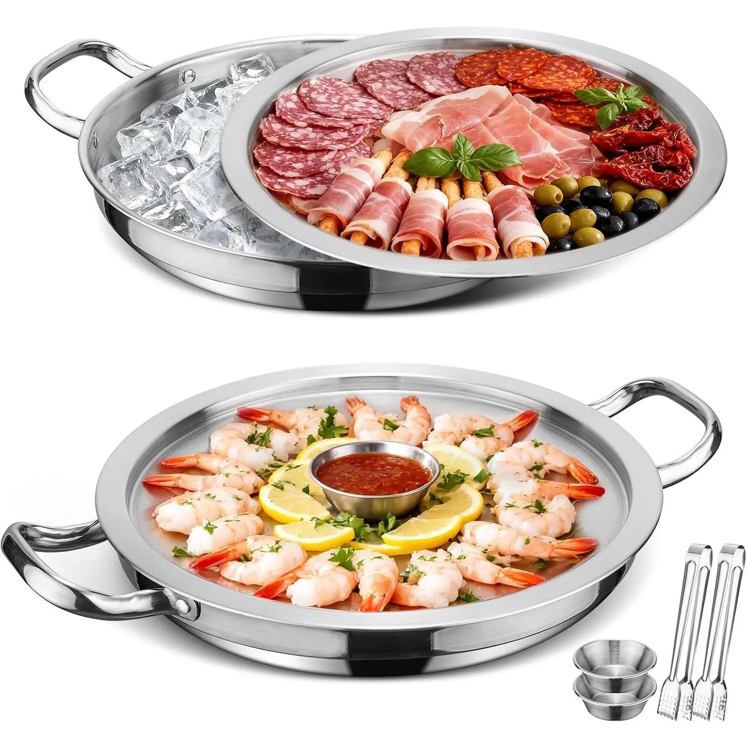 2-Set 12 Inch Stainless Steel Shrimp Cocktail Serving Dish with Ice Tray, Cold Chilled Platter Charcuterie Board for Appetizer Oyster Salad Buffet Parties, Dishwasher Safe