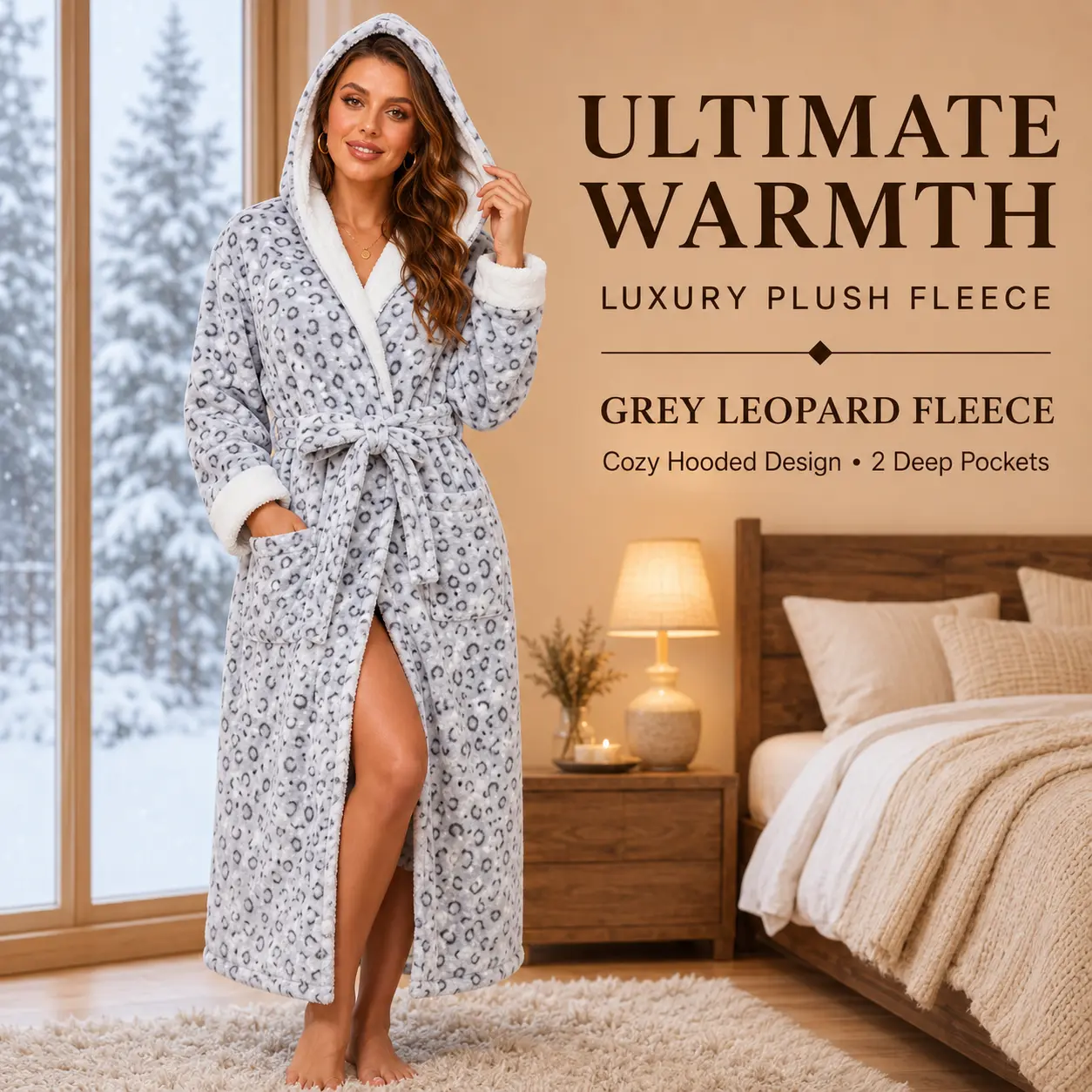 Women's Leopard Print Plush Fleece Hooded Bathrobe with Pockets & Belt, Grey White Trim, Cozy Thick Warm Robe for Home and Spa by RONGTAI