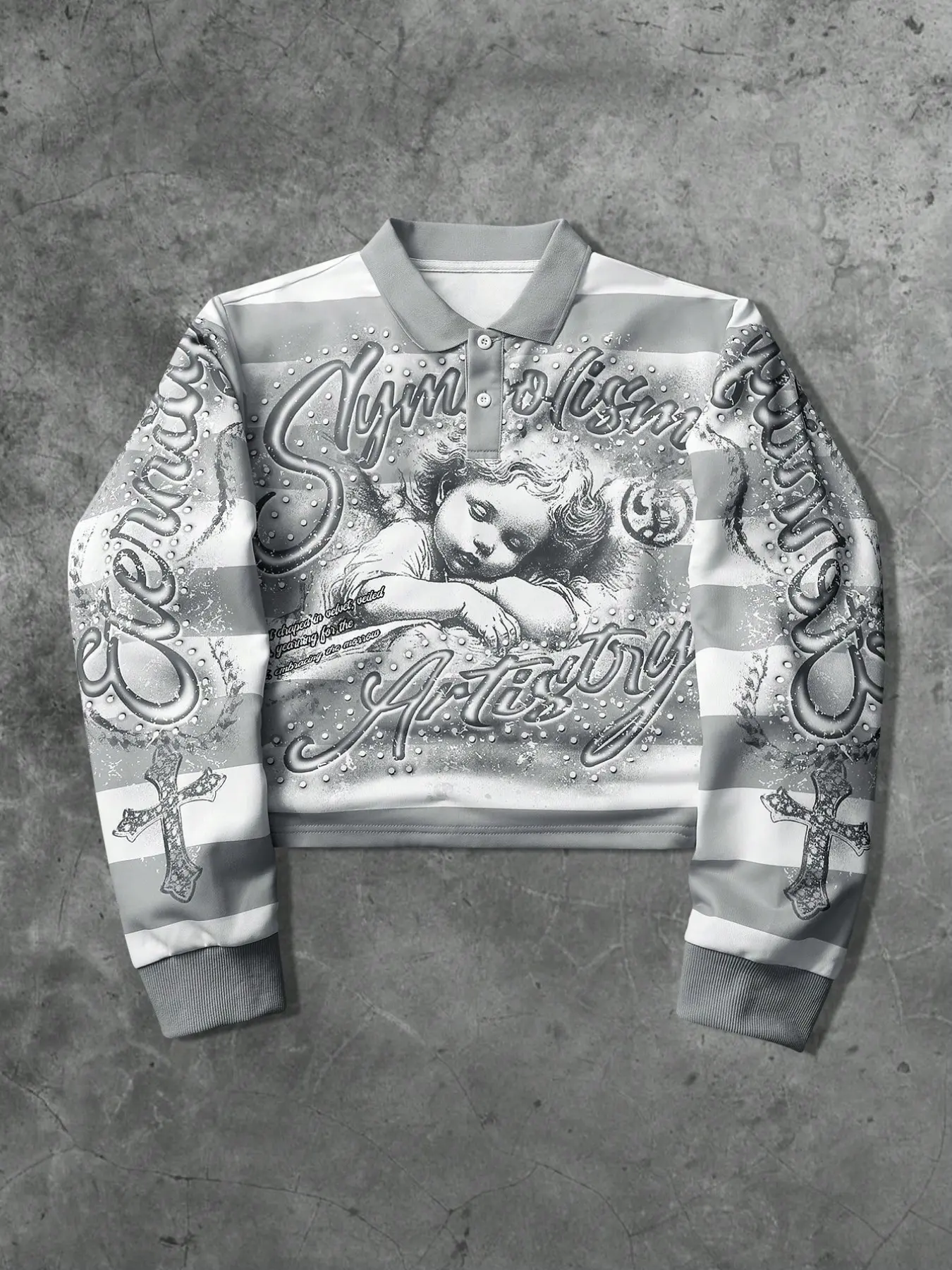 Elegant Striped Cherub Rhinestone Cross Graphic Cropped Polo Long Sleeve Shirt, All Year Round Versatile Western Grunge Fashion Staple, Moisture Wicking Anti-Wrinkle Soft Stretch Material, Matches Distressed Bottoms