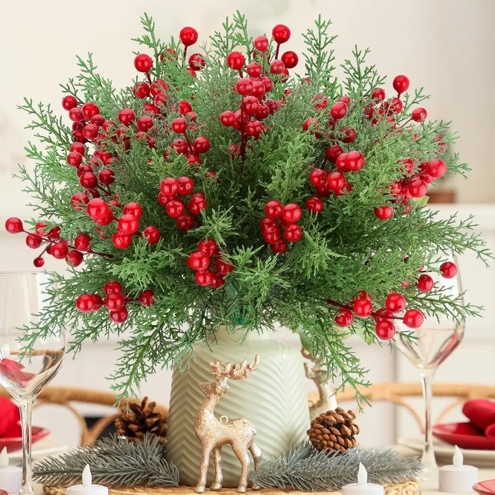 8 Bundles Artificial Christmas Flowers with Berries, Norfolk Pine Branches, Winter Decor, Fake Christmas Garland Tree, DIY Crafts