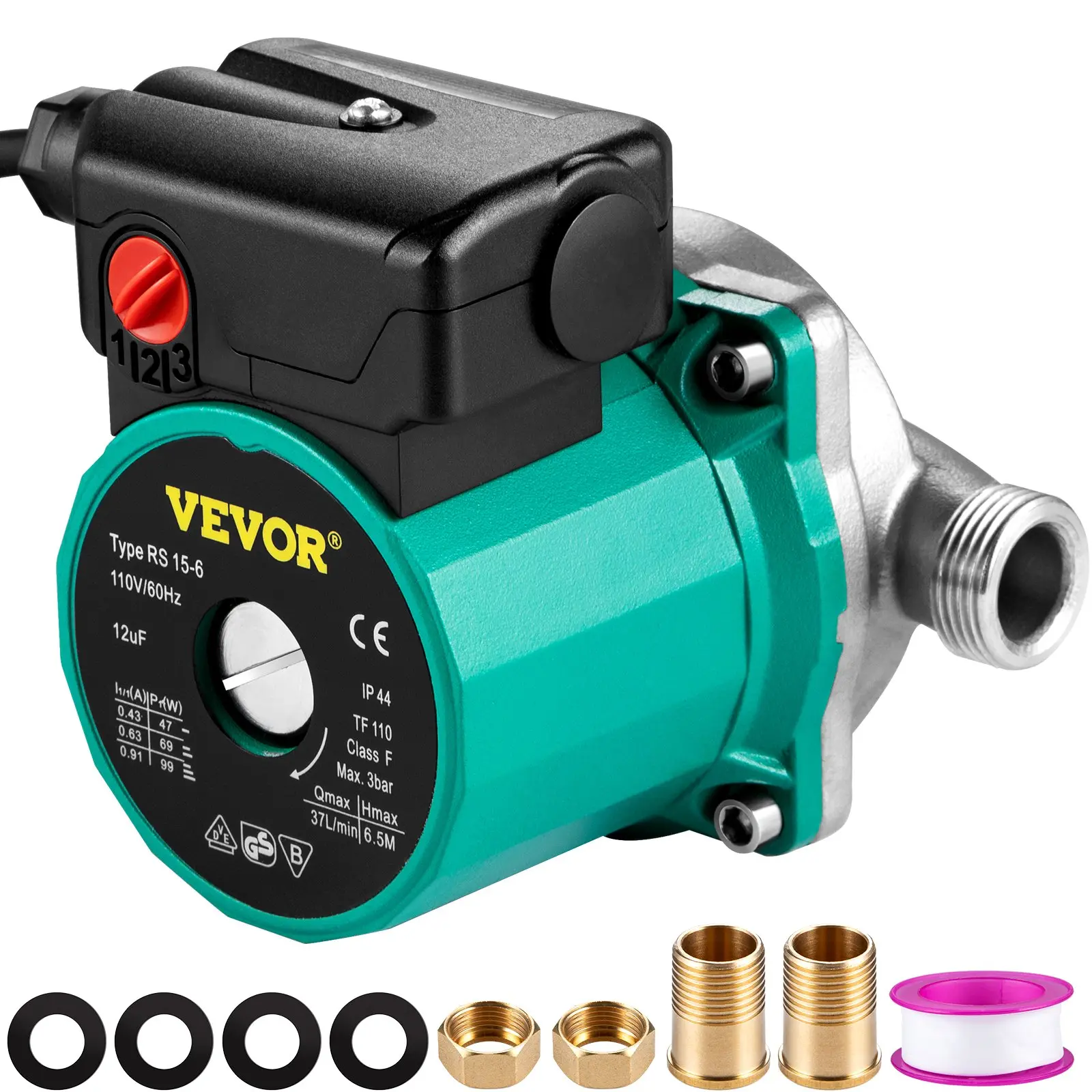 VEVOR Hot Water Recirculating Pump, 93W, 110V Water Circulator Pump, Circulation Pump, 3/4" G Thread to 1/2" NPT Brass Adapter, Stainless Steel Head, 3 Speed Control for Electric Water Heater System