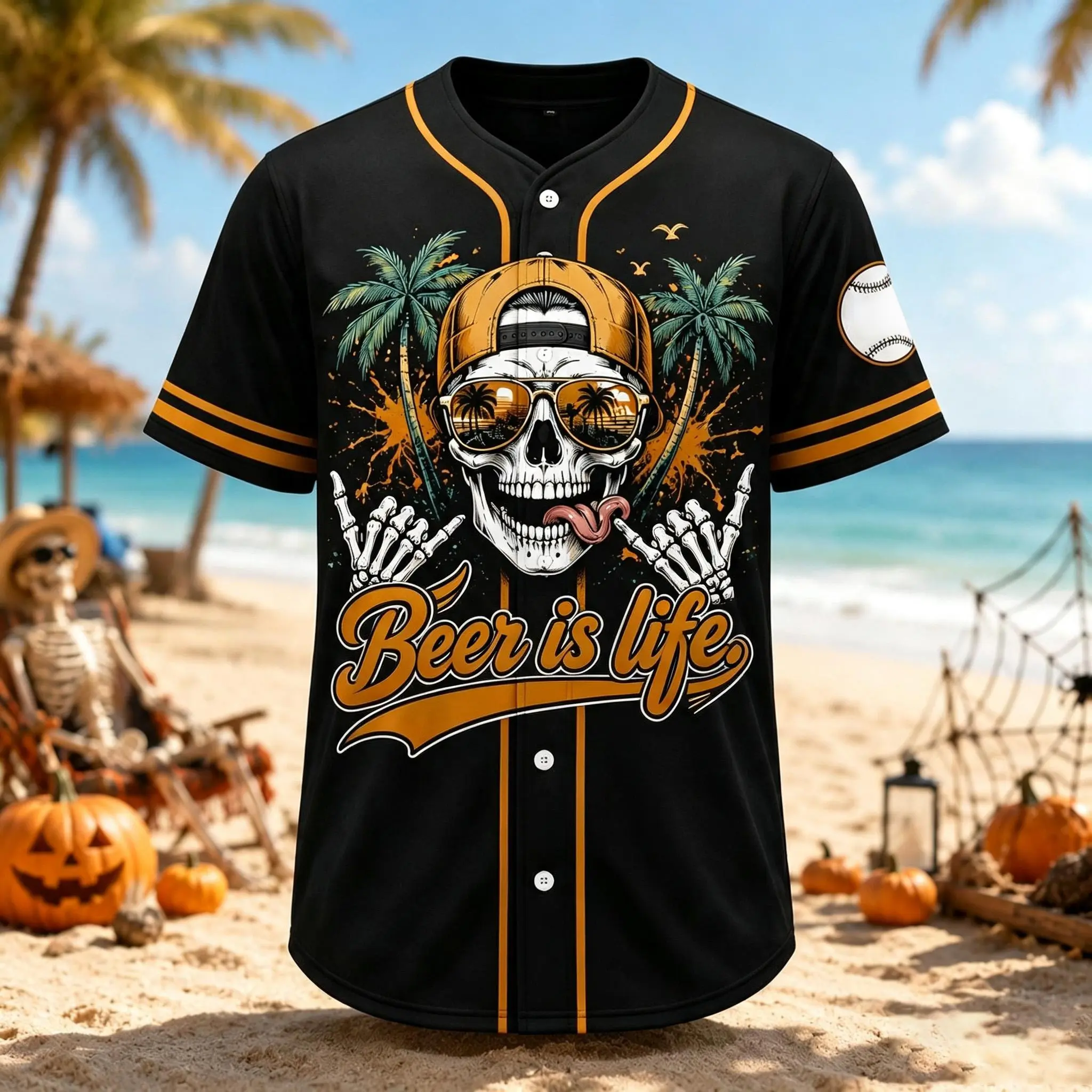 Men Short Sleeve Baseball Jersey Black Skull Holding Beer Mugs Palm Trees Beer Is Life Print Summer Beach Party Halloween Costume