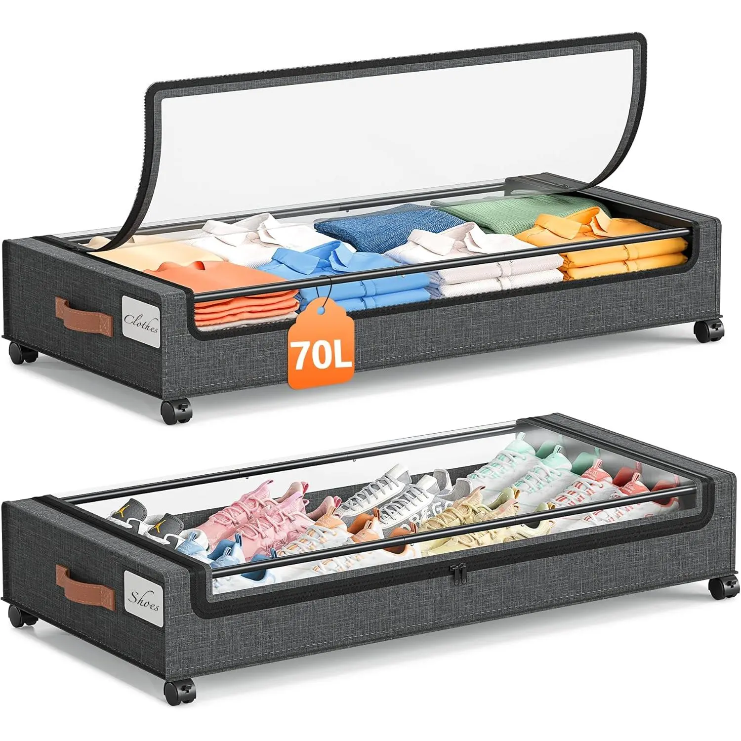 70L Under Bed Storage with Wheels, 2Pack Larger Capacity Under Bed Storage Containers, Underbed Shoe Storage Organizer, Rolling Under Bed Metal Drawers for Clothes, Blankets(35.5 x 17 x 6.7in)