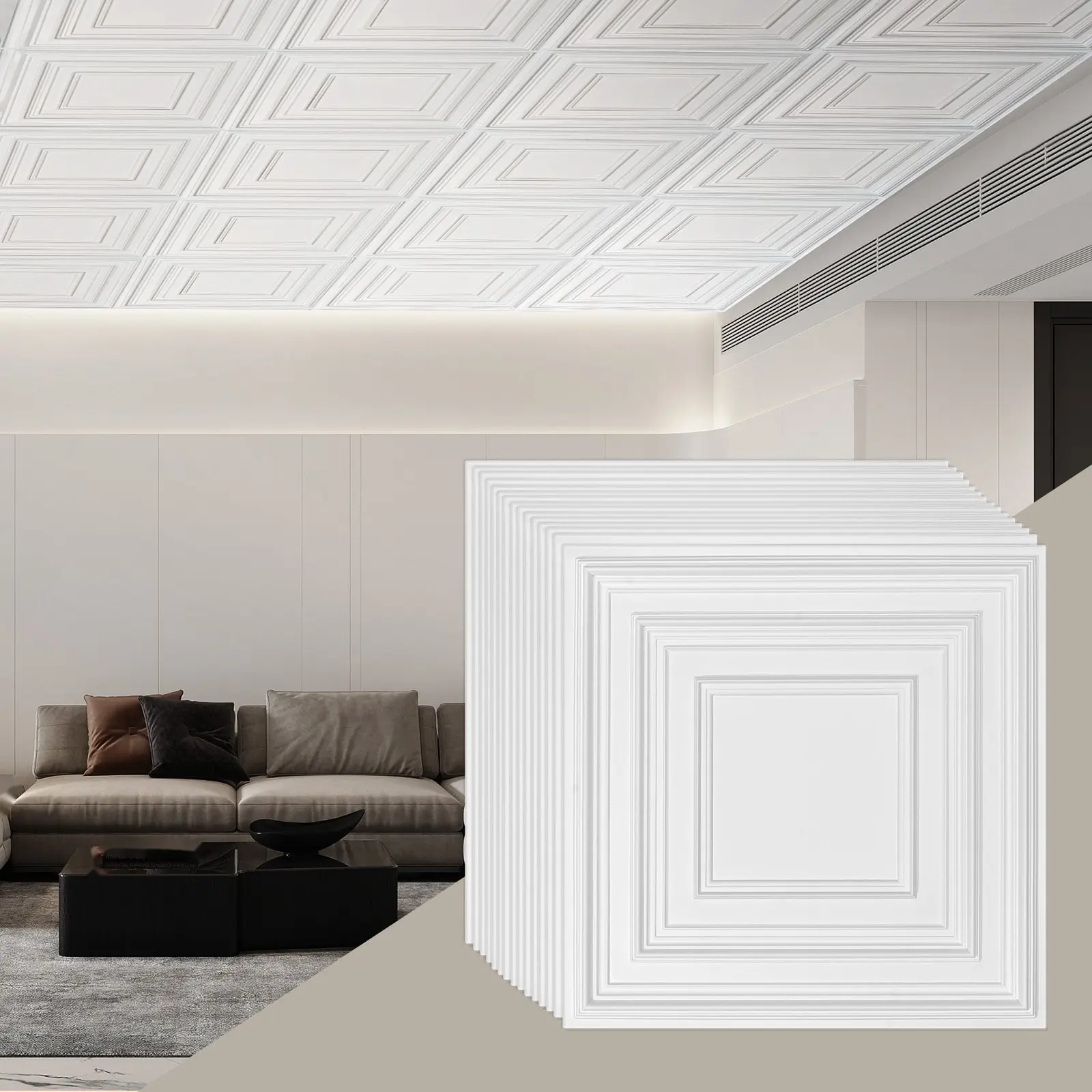 PVC White Peg Pattern Ceiling Tiles, 12-Pack 24x24 In Modern Indoor Grid Tiles, Easy Installation, Durable Moisture-Res. Acoustics Panels For Home Renovation, Lightweight Drop Ceiling Building Supplies