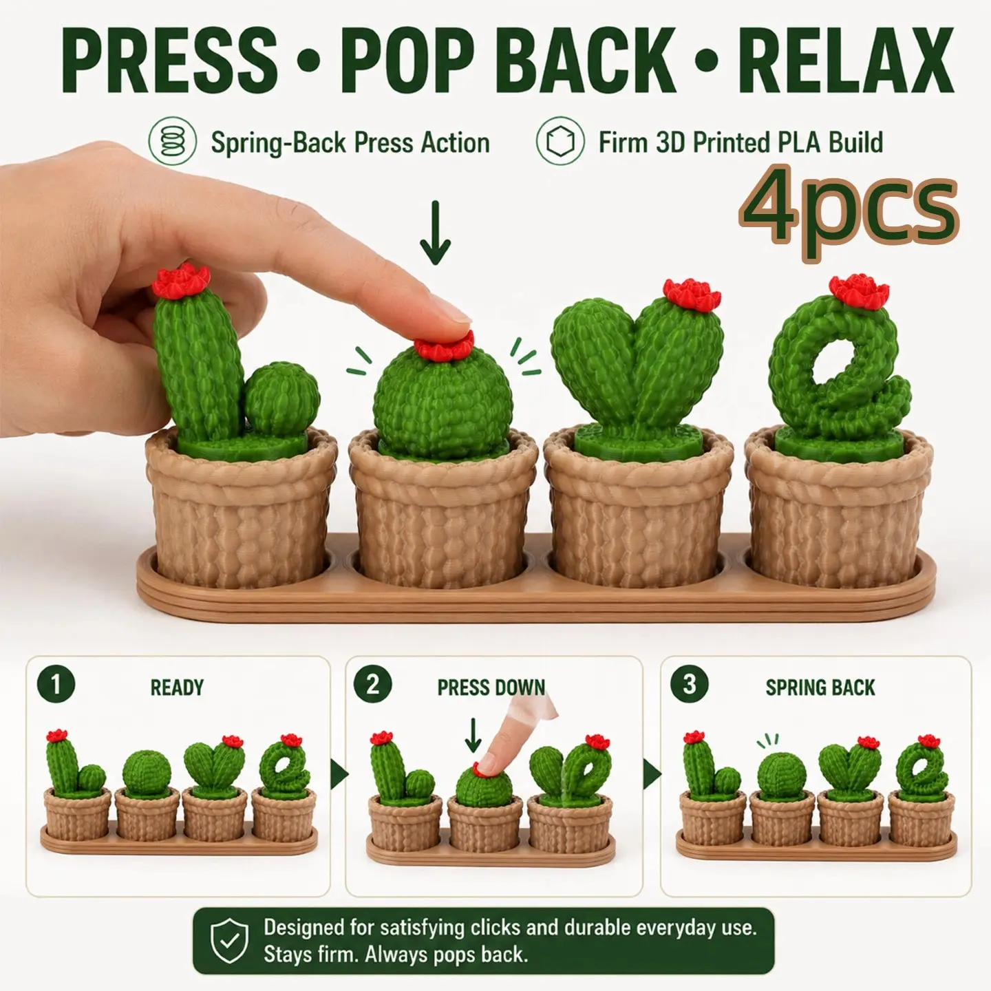4pcs 3D Printed Cactus Embossed Decorative Items, Unique Home Decoration Accessories, Durable and Stylish Design, Perfect Gift
