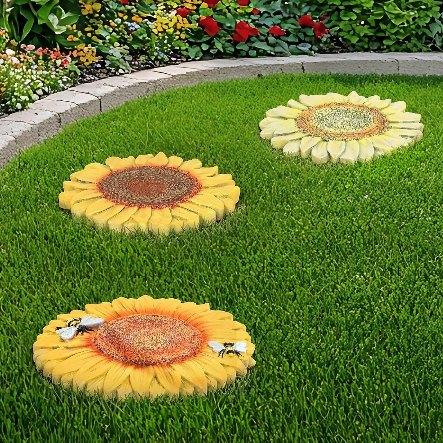 3 Pack Sunflower Stepping Stones for Garden, 10-Inch Faux Stepping Stones Outdoor, Decorative Hand-Painted Garden Stones, Weather-Resistant Pathway Stones for Walkway Yard Patio, Large Stepping Stones
