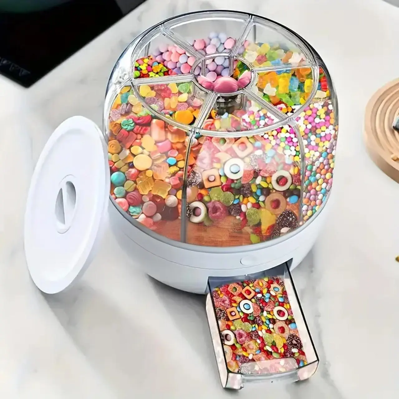 Vintage Rotating Candy Dispenser, multi-compartment organizer with transparent visible storage design for candy cereal and snacks, countertop food storage solution for kitchen, living room and home organization