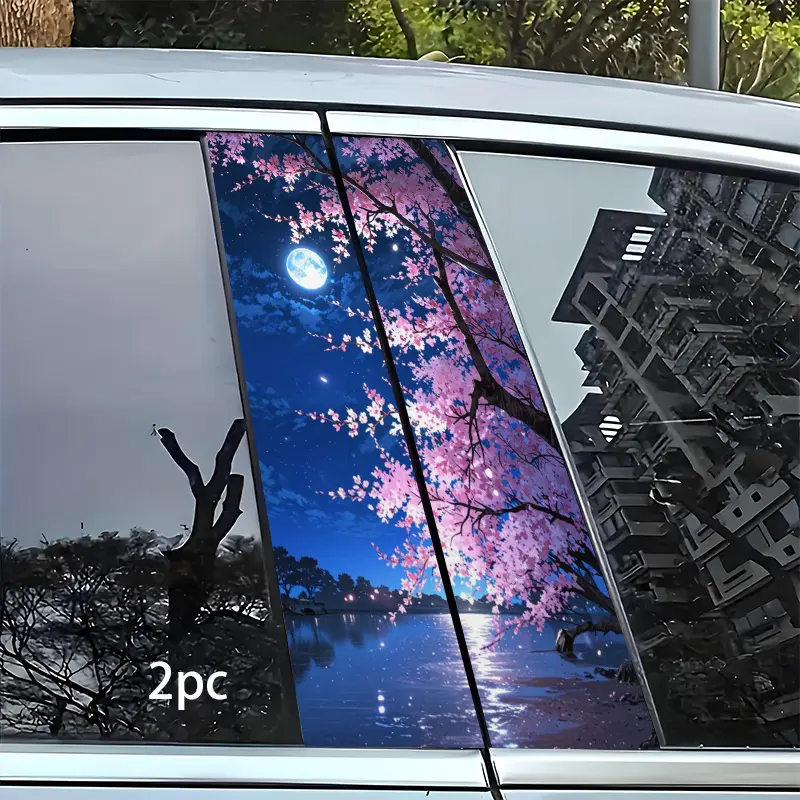 2pcs Car Center Pillar Sticker, Cherry Blossom Tree and Bright Moon in the Night, DIY Self-Cut B-Pillar Sticker, Suitable for Sedans, SUVs, Vehicle Exterior Decoration, Semi-Matte Finish Car Decal, Car Stickers, Car Decorative Sticker