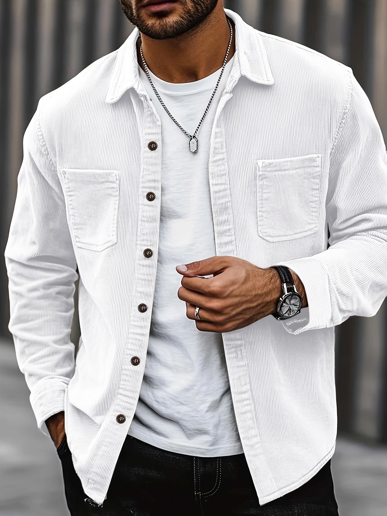 Popular corduroy material men's casual shirt jacket with lapel buttons, long sleeved cardigan, double patch pocket design suitable for daily leisure, fashion, simplicity, commuting, street fashion, spring and autumn long sleeved shirt