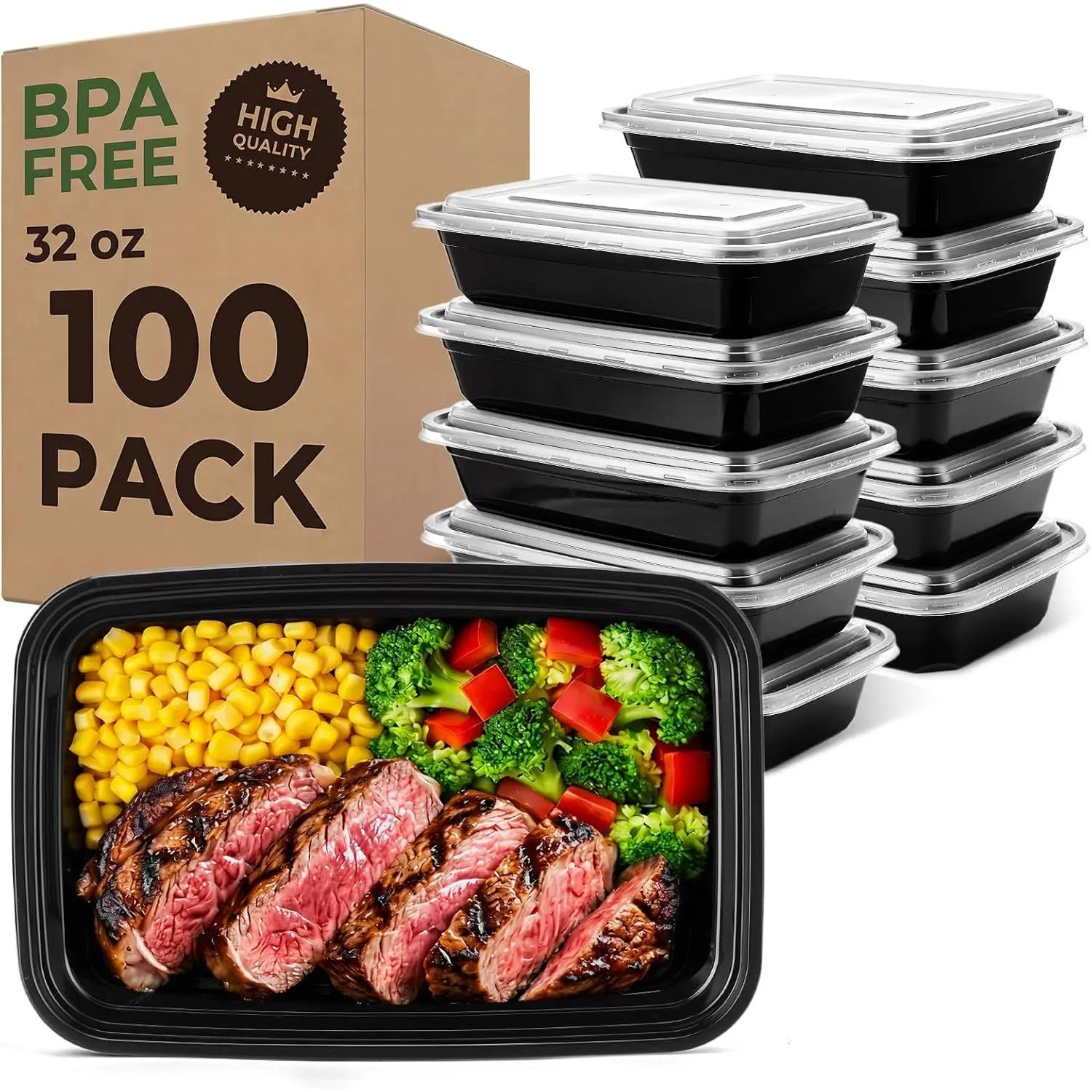 32oz 100 Pack(200 ) Meal Prep Containers  Sturdy  Storage Containers with  Microwave,Freezer,Dishwasher Safe Leakproof Airtight Plastic Bento Lunch Boxes for To Go Take Out