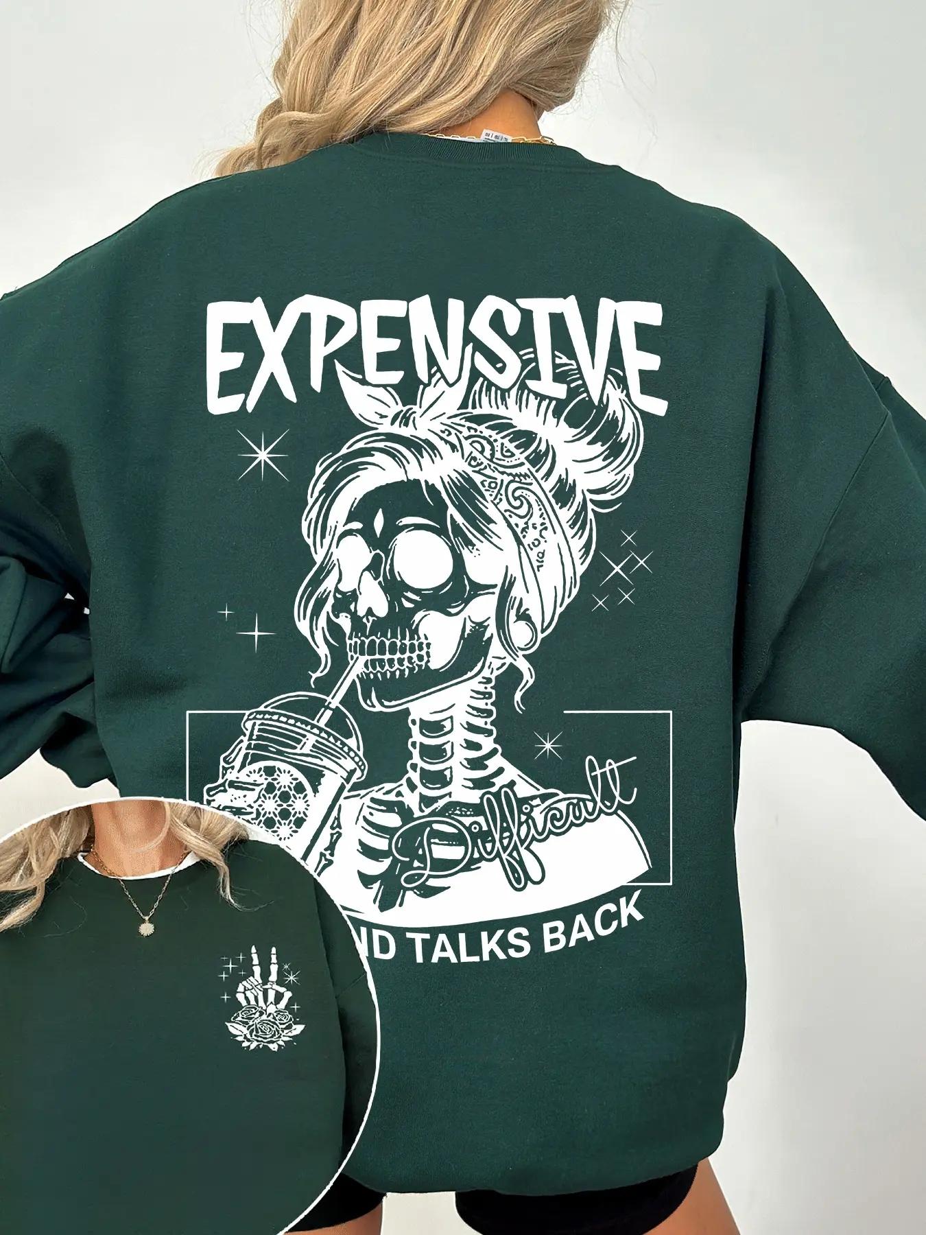 Women's Letter, Halloween & Skeleton Print Drop Shoulder Sweatshirt, Fashion Casual Long Sleeve Crew Neck Pullover for Daily Holiday Outdoor Wear, Women Clothing for Fall & Winter, Lady Tops, Womenswear, Graphic Sweatshirts