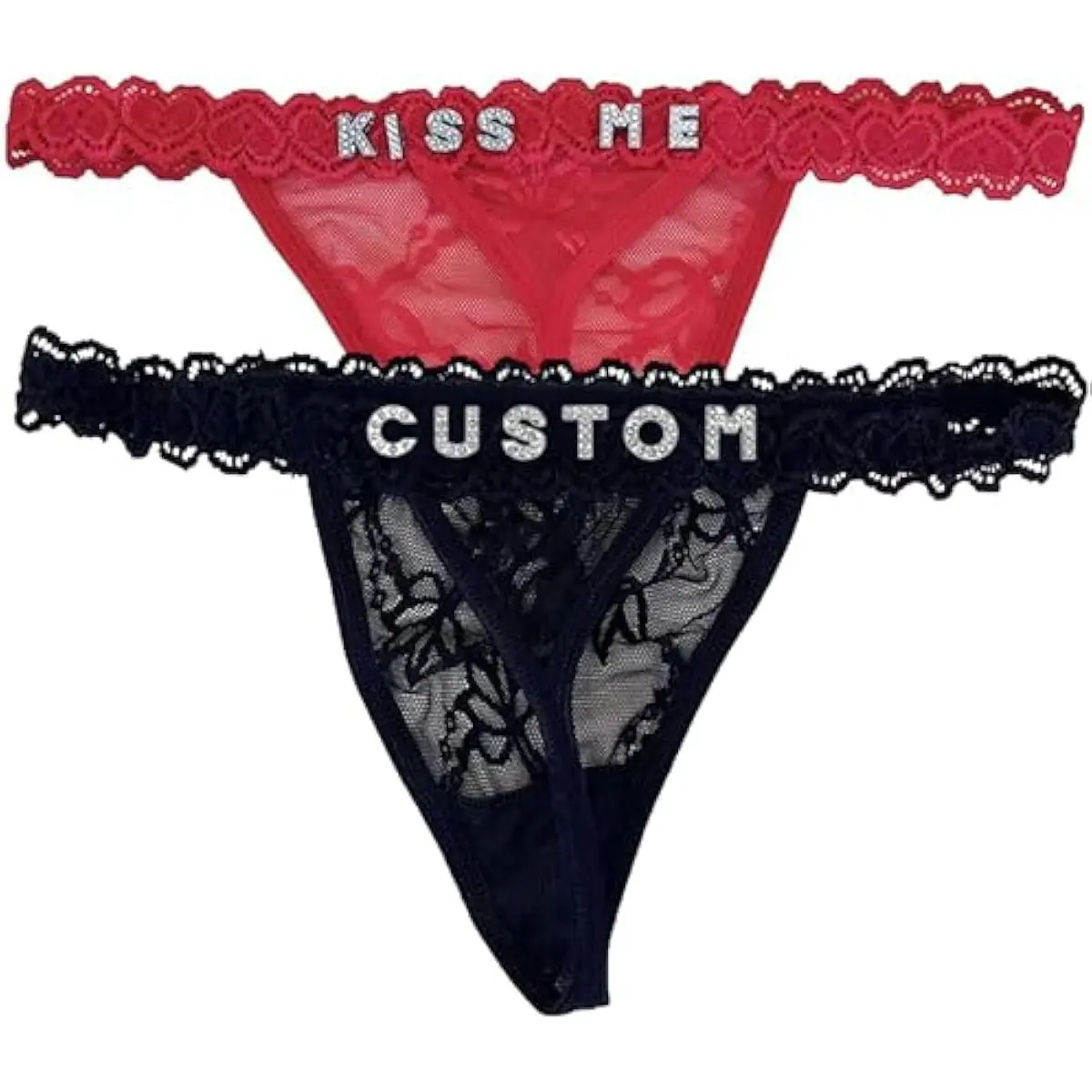 Women's Personalized Lacy Thongs with Rhinestones, Shiny Letter Names - Custom Underwear Panties for Girlfriend Birthday Valentine's Day Gift, Black - Womenswear