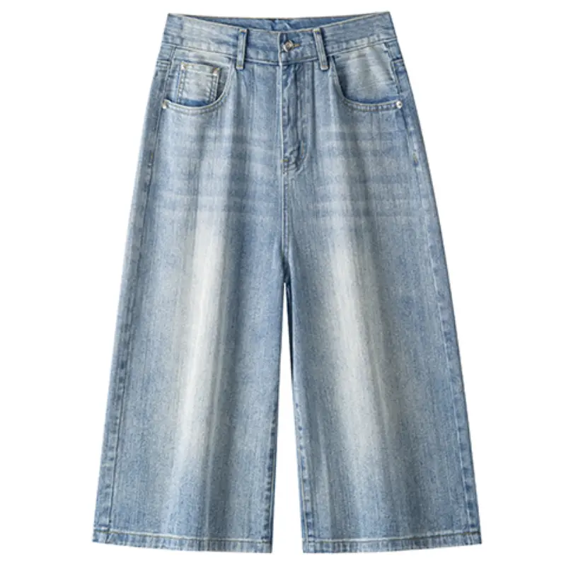 Light Wash Gradient Vintage Denim Wide Leg Capri Shorts Classic Five Pocket Rivet Fly Visible Stitching Smooth Drape Denim Fabric Daily Commuter Casual 7/8 Length Pants#jean shorts men#men's shorts summer