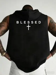 Men Mesh Hooded Sleeveless Workout Tank Top Big Back Blessed Cross Minimal Christian Faith Print Breathable Religious Streetwear Athletic Training Vest