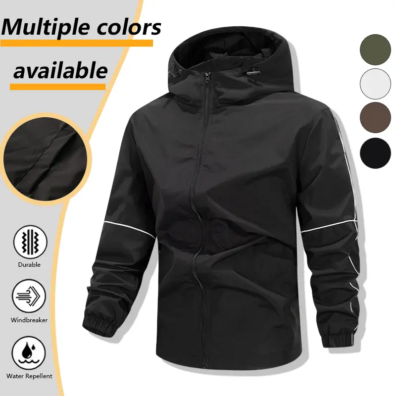 Lightweight Windproof Built-in Hood Jacket for Men, Plain Solid Color Smooth Water Resistant Shell Coat, Loose Relaxed Fit Casual Outer Layer for Outdoor Sports Weekend Travel