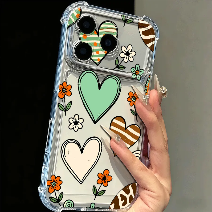 Heart Print Clear 4-Corner Airbag Case for iPhone 17 Pro Max Women Girls – Cute Love Heart Shockproof TPU Bumper Cover