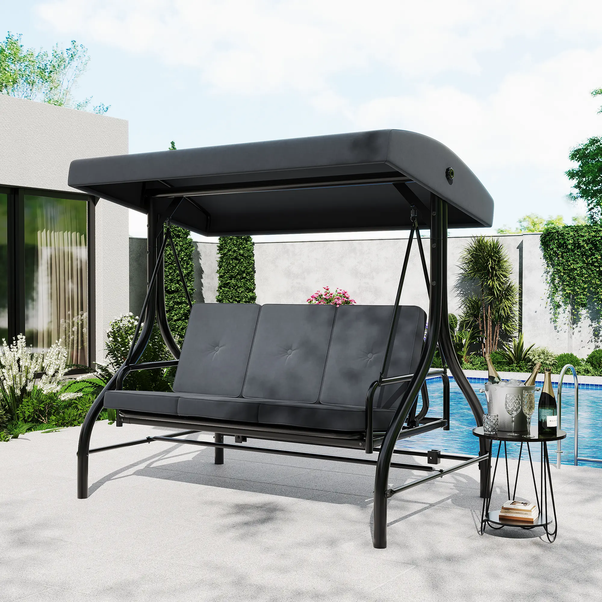Garvee 2-in-1 Convertible Porch Swing Bed with Stand, 3-Seat Patio Swing Bench, Thick Cushions, Adjustable Removable Canopy, Heavy-Duty 800 lb Capacity