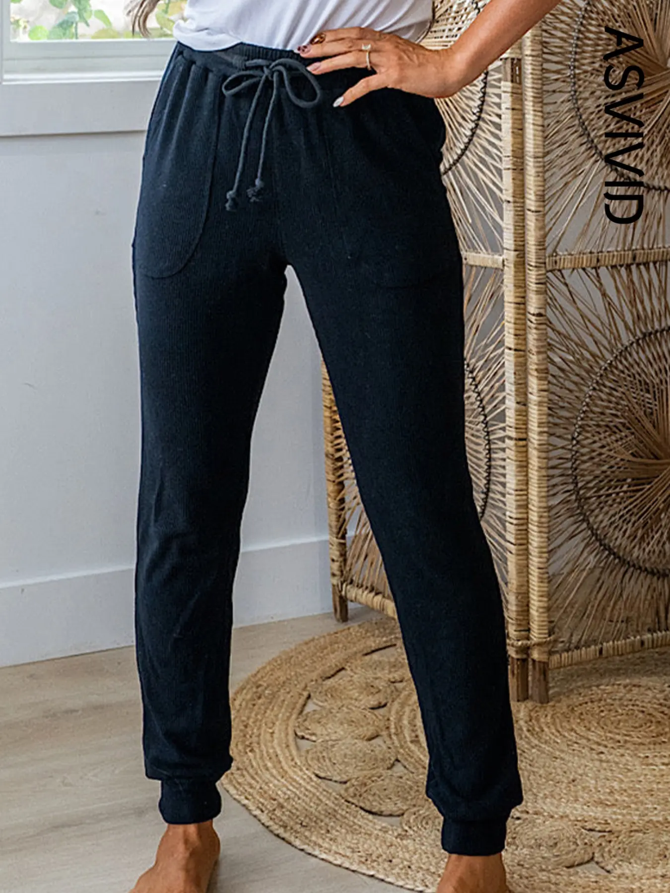 Women's Casual Solid Color Ribbed Stretchy Pocket Drawstring Adjustable Pants, High Waist Slim-Fitting Long Regular Fit, All Seasons Wear