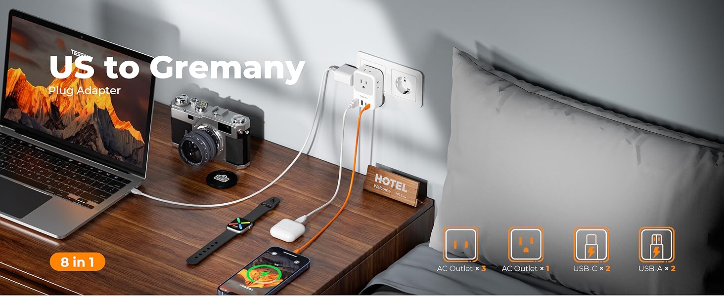 Type F Plug Adapter 2 Pack, PD 20W South Korea Outlet Adapter with 4 AC Outlets 4 USB Ports (2 USB C), Type E Power Adaptor for US to Europe Spain Germany France Iceland Greece Russia Norway